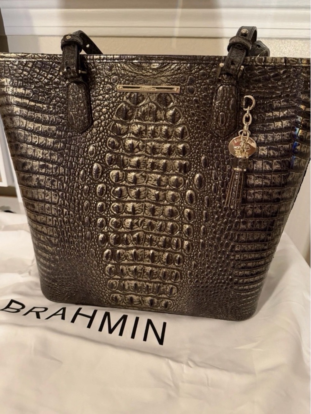 Brahmin Ezra Metallic Croc-Embossed Tote - Brown